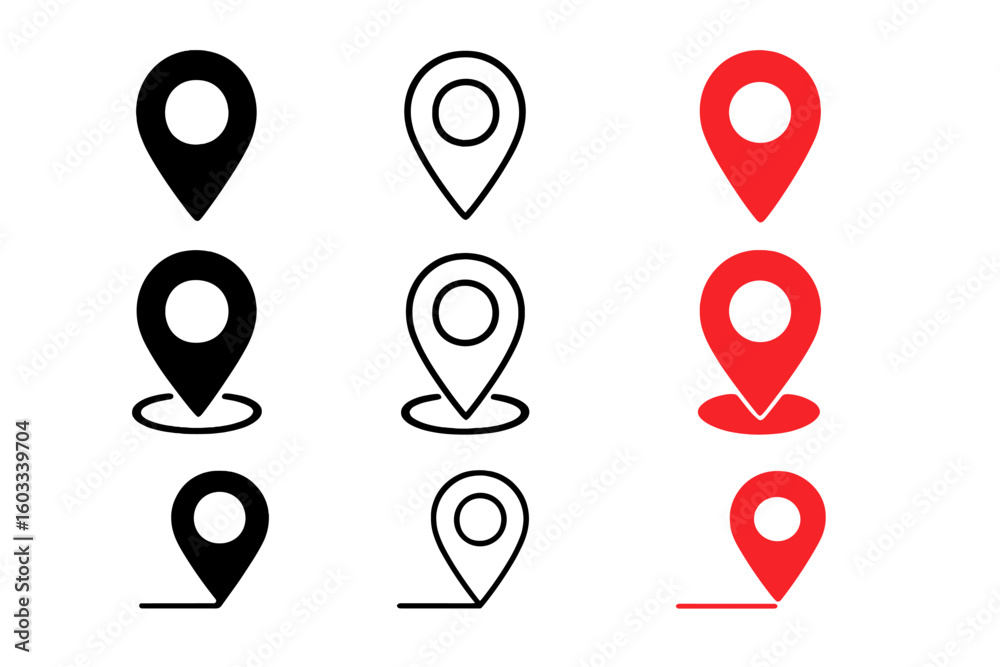 Poster map location pin icon set. gps navigation pointer marker collection. vector destination symbol in re