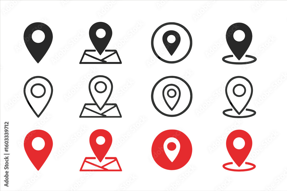 Poster map location pin icon set. gps navigation marker symbol collection. red and black pointers for desti