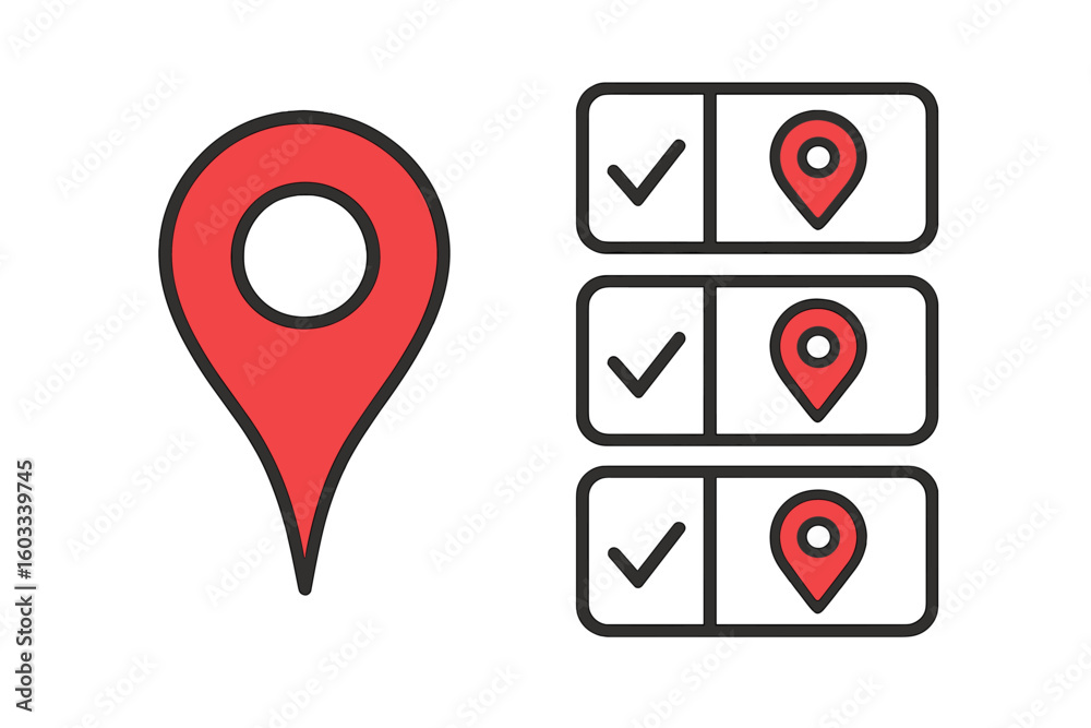 Poster red map pointer icon & location checklist. gps navigation pin with checkmark for destination selecti