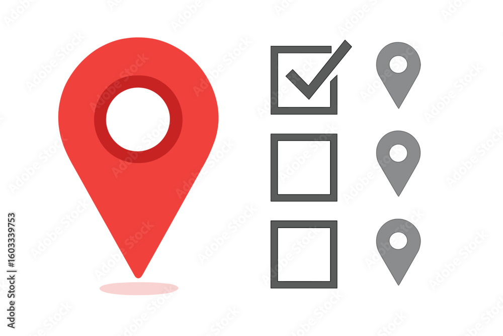 Poster map pointer icon set with checkbox for location selection. red vector pin marker for gps navigation,
