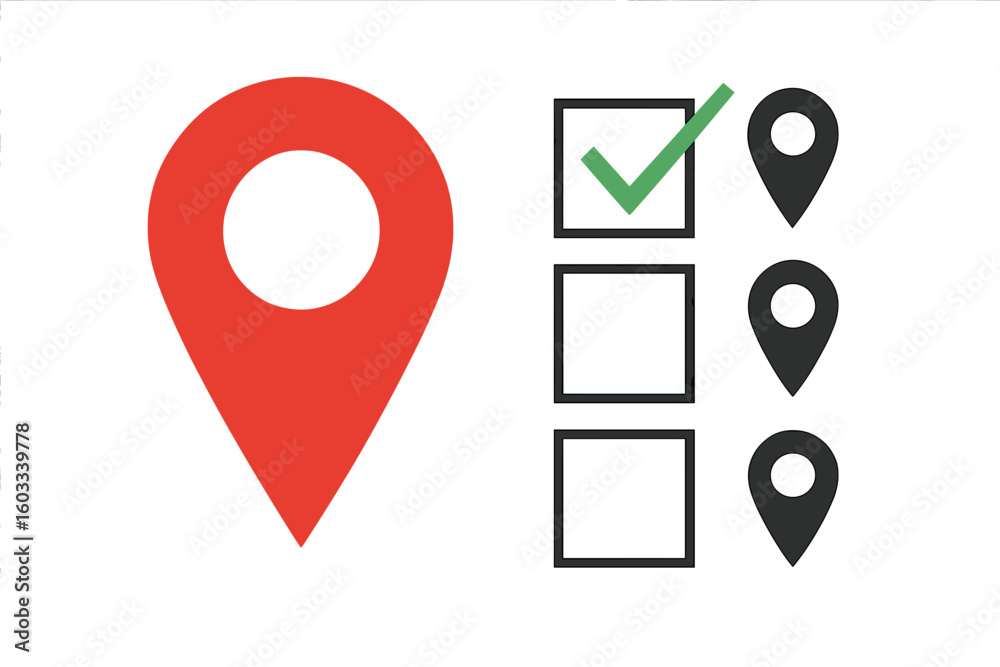Poster map pointer location pin icon set with checklist. gps navigation and destination selection concept. 