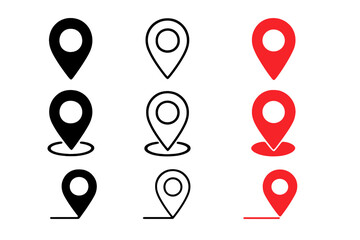 Map location pin icon set. GPS navigation pointer marker collection. Vector destination symbol in red and black, solid and outline style. Isolated graphic design elements.