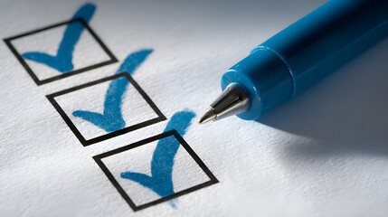 Blue pen checking three checkboxes on white paper