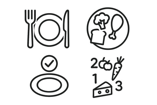 Vector food icon set for healthy eating. Plate with fork, balanced meal, portion size, and nutrition guide icons. Diet plan and calorie counting linear symbols.