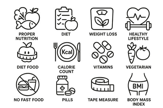Nutrition line icon set for a healthy lifestyle. Vector concepts of diet, weight loss, food, calorie counting, vitamins, vegetarianism, BMI, fitness, and no fast food pictograms.