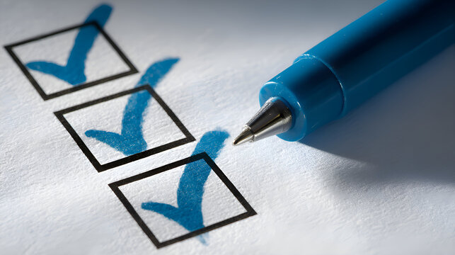 Blue pen checking three checkboxes on white paper