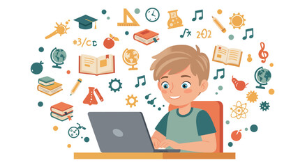 Child learning online with laptop surrounded by educational icons in flat design
