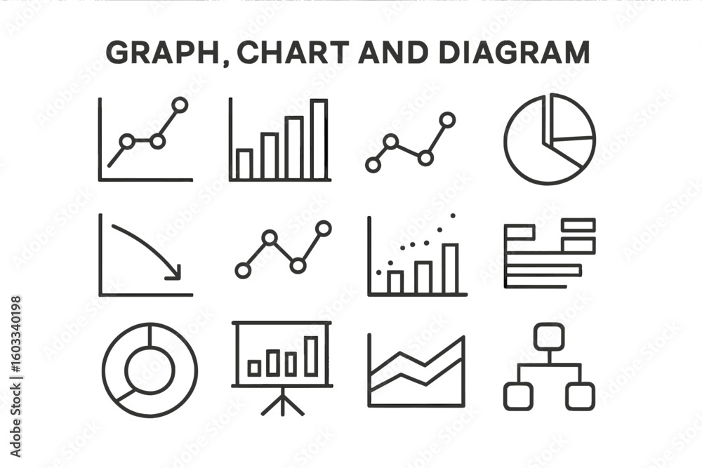 Poster graph chart diagram line icon set. business finance data analysis infographic elements. vector stati