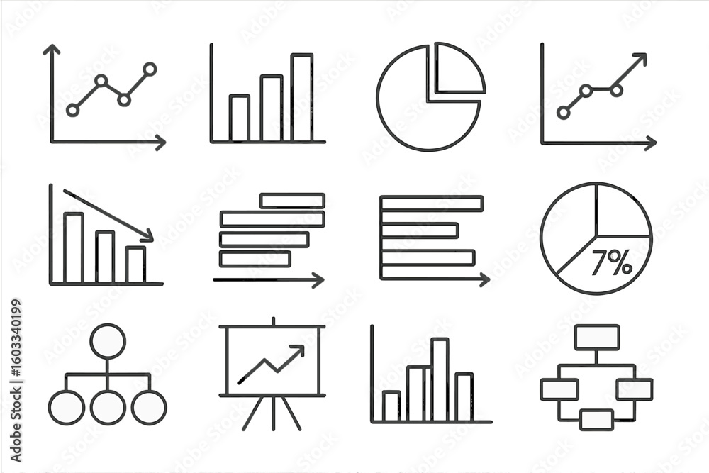 Poster graph chart diagram line icon set. business analytics and finance data visualization elements. infog