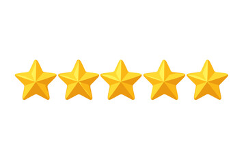 Golden five star rating icon, 3D shiny metallic stars symbolizing premium quality excellence, product or service review ranking, transparent background isolated vector illustration