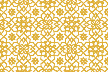 Golden seamless pattern in Arabian style. Islamic floral arabesque design. Decorative lattice vector. Geometric ornaments based on traditional Arabic art for background.