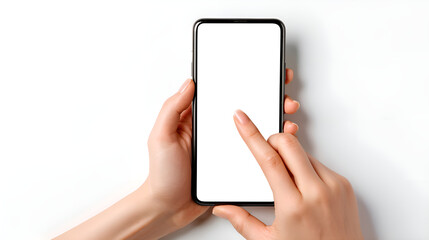 Woman using smartphone with blank screen on white background