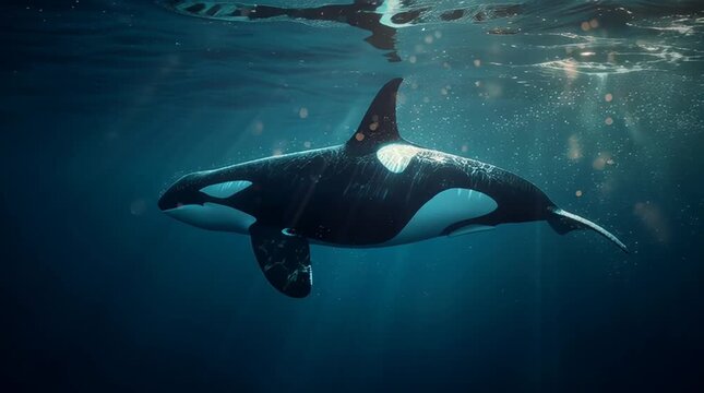 A realistic orca swimming gracefully underwater, deep in the ocean with soft blue ambient lighting, generative ai