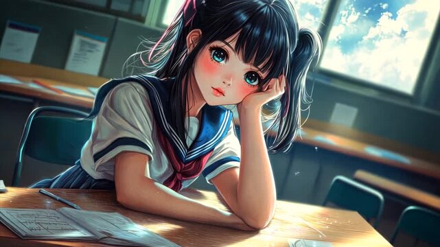 Anime style cartoon of a beautiful Asian schoolgirl wearing uniform in classroom looking into camera. Back to school concept