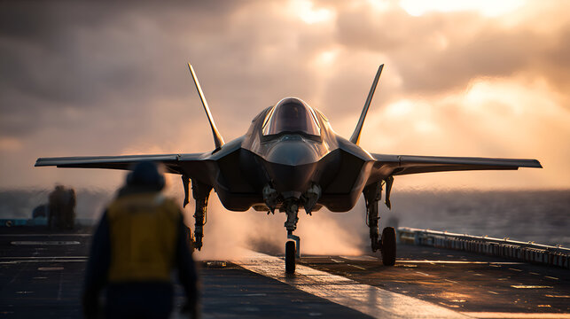 F 35 lightning ii preparing for takeoff on aircraft carrier at sunset