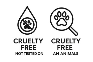 Cruelty free and not tested on animals icon collection. Product packaging label symbol set. Vector illustration of a paw print in a drop and under a magnifying glass.