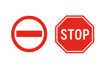 Stop sign and no entry traffic sign vector icon set. Road safety warning symbol. Forbidden, danger, and regulation graphic illustration. Isolated for street and transport design.
