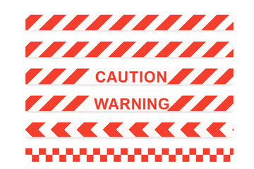 White and red caution warning tape set for industrial safety, road construction hazard area barrier, danger zone protection, safety warning stripes vector illustration