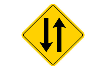 Two-way traffic road sign, yellow diamond warning symbol with opposing black arrows, vector illustration of bidirectional lane flow, highway safety signage icon for driving guidance