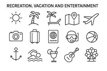 Recreation, vacation and entertainment line icon set. Summer holiday and travel outline symbols for web and mobile. Beach, tourism, journey and leisure vector pictograms.