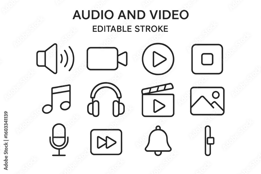 Poster audio and video line icon set. multimedia player buttons for web design and mobile apps. vector outl
