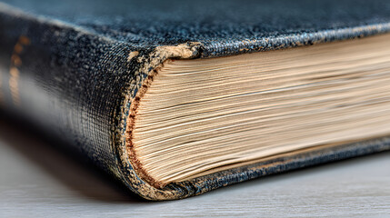 Close up of antique book showing textured pages and worn cover