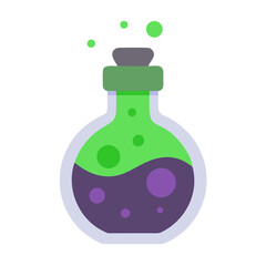 Cartoon potion bottle with green liquid and purple bubbles isolated