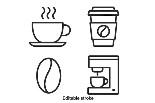 Coffee line icons set. Vector symbols for cafe menu, coffee shop, and beverage. Editable stroke. Hot drink, espresso, latte, cappuccino, coffee maker, and bean icons.