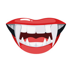 Obraz premium Cartoon vampire mouth with red lips and teeth on a white background