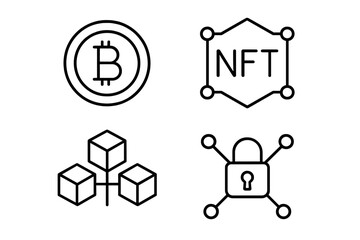 Blockchain technology simple line icon set. Cryptocurrency concepts like Bitcoin, NFT, decentralized network, and crypto security. Fintech vector pictogram collection.