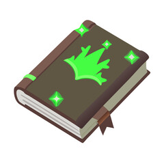 A brown spell book with green leaf design isolated on white background