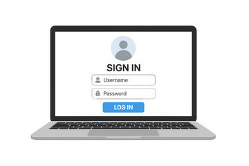 Login form illustration on laptop screen. User interface for website and mobile apps. Sign in page with username, password fields. Secure account authentication vector. Cybersecurity.