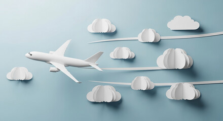 White paper airplane flies above paper clouds on light-blue background, symbolizing travel, freedom, and air journey, ideal for travel agency or tourism website