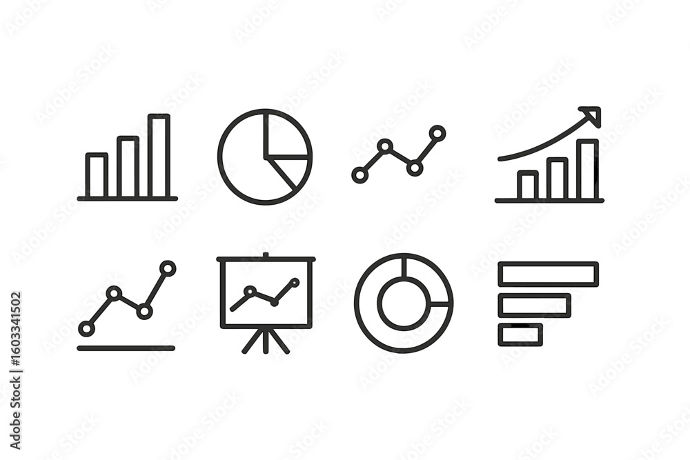 Poster business analytics and data visualization icon set. vector line art collection of charts and graphs 