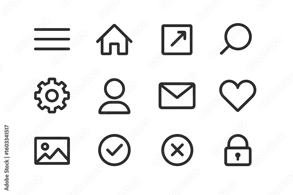 Fototapete Web and mobile UI UX icon set. Basic universal interface symbols for app and website navigation. Simple linear pictogram collection with editable outline. Minimal vector design elements.