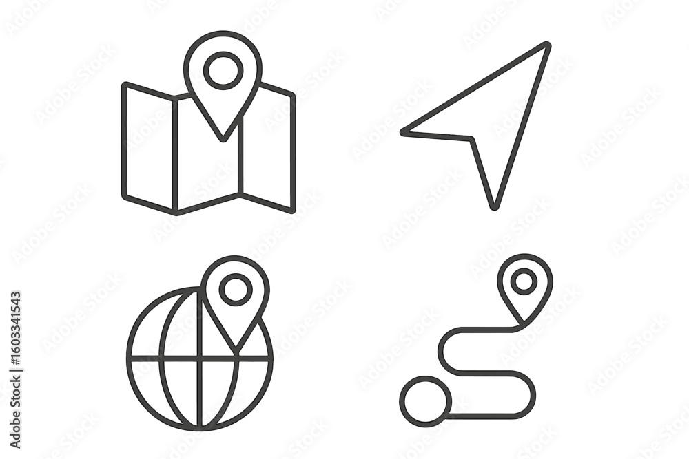 Poster navigation line icon set with map pin, gps pointer, and travel route. location marker, destination p