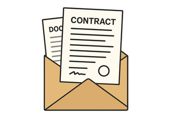 Business contract document icon. Legal agreement and partnership deal concept. Official proposal with signature in an envelope. Paperwork for employment or financial report.
