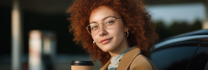Fototapeta premium Young caucasian female with curly hair and glasses holding coffee outdoors