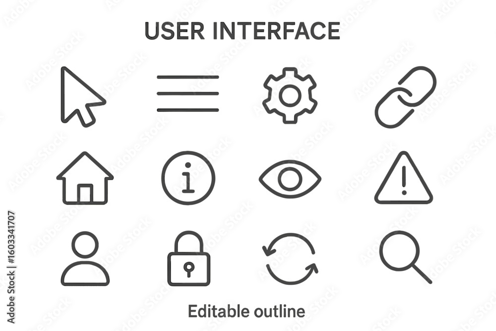 Fototapete User interface line icon set. Essential UI and UX outline icons for web design, mobile app, and websites. Vector collection of minimal symbols for navigation and web development.