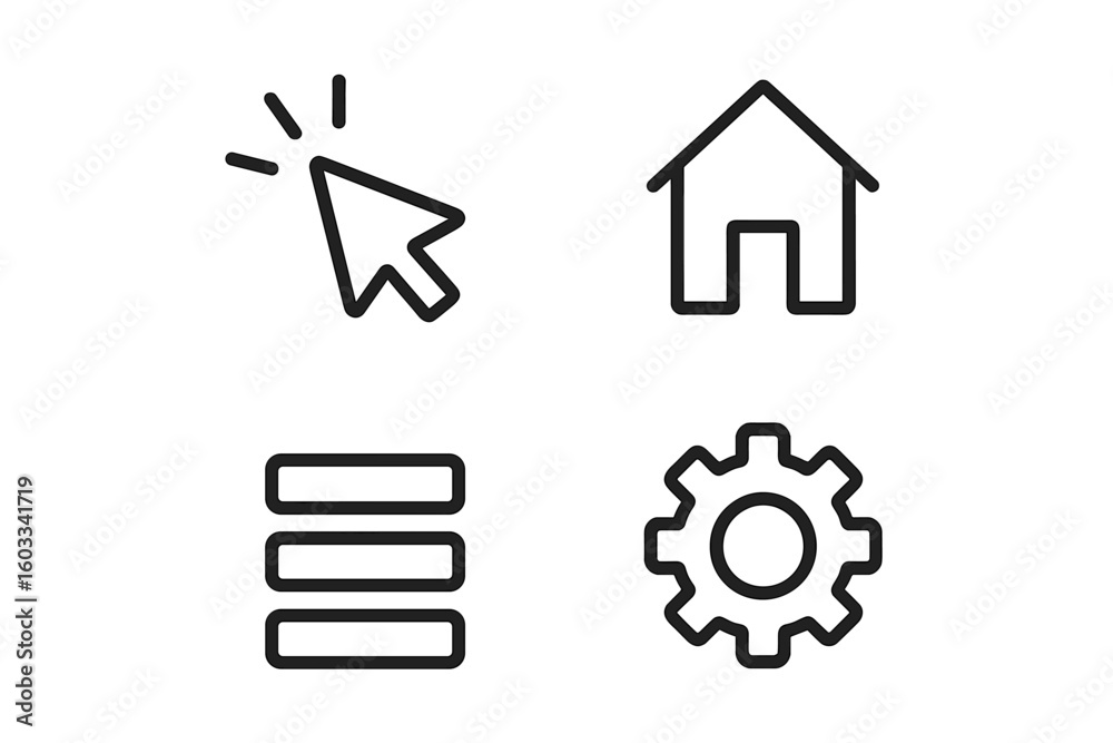 Poster ui ux icon set for web and mobile app design. vector line icons including home page, click cursor, h