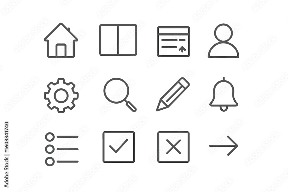 Poster universal ui icon set. essential linear icons for web and mobile app design. includes home, user, se