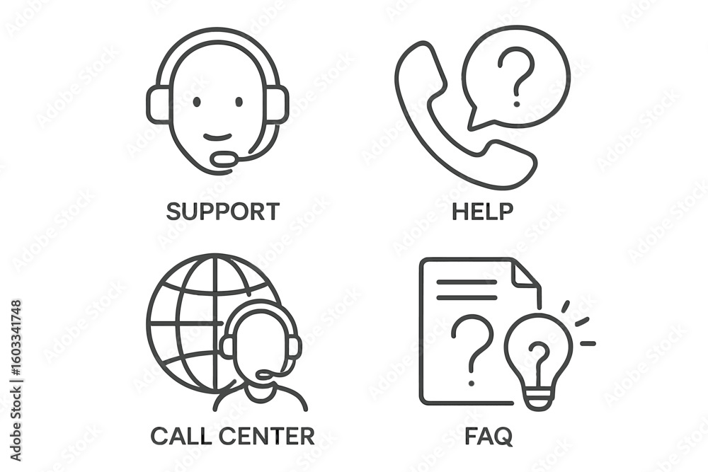 Poster customer service and support icon set. thin line vector pictograms of help desk, call center, faq, a