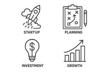 Business startup icon set. Thin line icons for planning, investment, and growth. Rocket launch, strategy clipboard, money idea lightbulb, and success chart vector symbols.