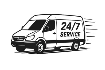 Delivery service van icon. Fast commercial truck for express shipping. 24/7 transport and logistics service. Speedy cargo van moving. Transportation vector illustration.
