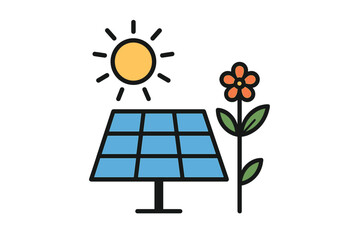 Solar panel and sun with flower eco symbol. Clean energy, renewable sustainable power, green technology, nature fusion. Photovoltaic electricity. Environmental protection vector. Renewable resource.