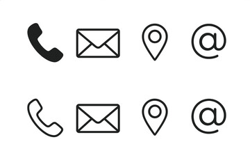 Contact information icon set for business cards. Web and mobile communication symbols. Vector collection with phone, email, location, and address signs. Line and glyph style.