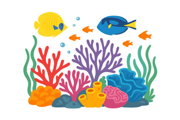 Vibrant coral reef illustration with tropical fish. Underwater sea life scene with butterflyfish, blue tang, seaweed, and colorful corals. Marine nature vector on transparent background.