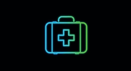 Obraz premium Neon medical kit icon on black background for emergency health care themes