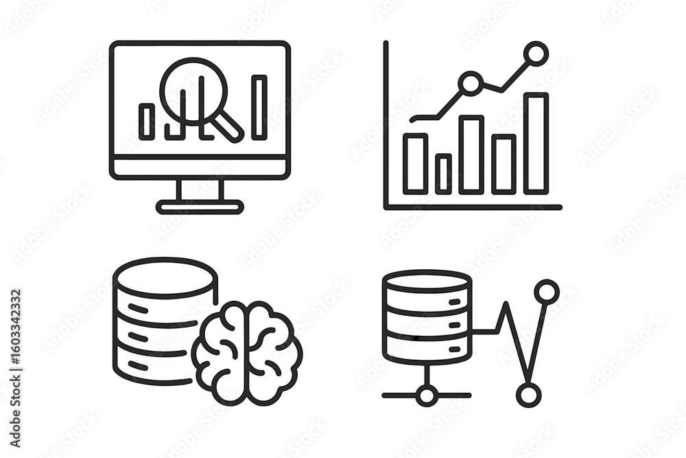 Aufkleber data analytics icon set for business intelligence. thin line art pictograms for data science, analys