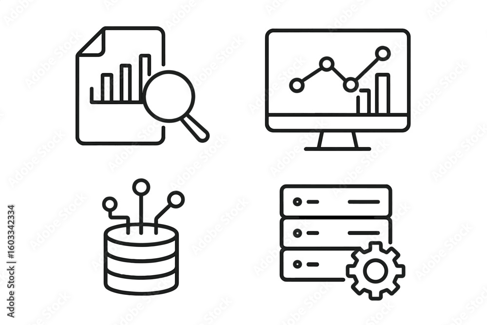 Poster data analytics line icon set. business intelligence and big data analysis symbols. icons for process